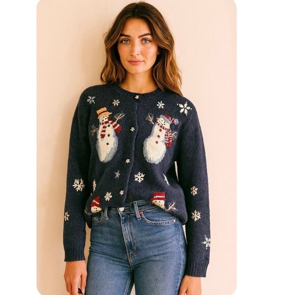 Vintage Ugly Christmas Snowman Embroidered Classic Cardigan Sweater Soft Girl - Picture 1 of 8